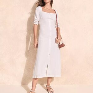 LOFT Cream White Button Front Midi Dress women’s size 12 short sleeve ruched